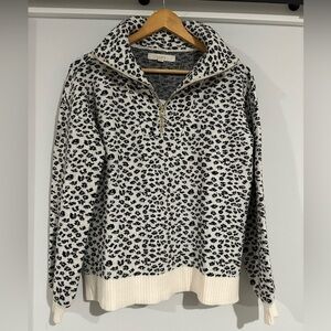 The Loft Black and White Cheetah Half Zip Collared Sweater Small